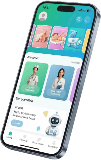 Onlayn Hamshira app: home screen, AI chat, ordering and choosing a nurse